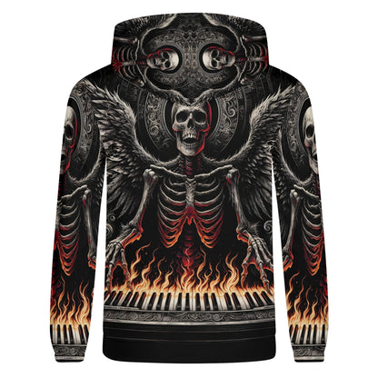 Loud and Lethal Piano of Souls Poly French Terry Hoodie with flaming keyboard and winged skeleton design