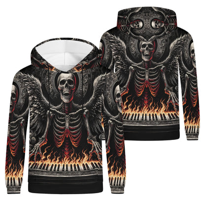 Piano of Souls Poly French Terry Hoodie by Loud and Lethal with flaming piano keys and winged skeleton design