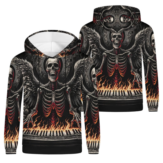 Piano of Souls Poly French Terry Hoodie by Loud and Lethal with flaming piano keys and winged skeleton design