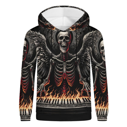 Piano of Souls Poly French Terry Hoodie featuring winged skeleton playing flaming piano in dark gothic design