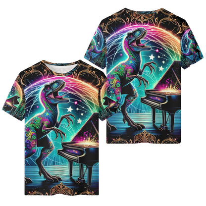 PianoSaur Lycra Kids T-Shirt . Loud and Lethal colorful neon raptor playing piano print on front and back