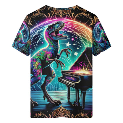 PianoSaur Lycra Kids T-Shirt Loud and Lethal colorful neon raptor playing piano on stage