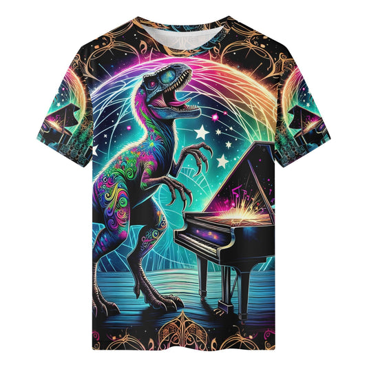 PianoSaur Lycra Kids T-Shirt . Loud and Lethal neon raptor playing a grand piano on colorful psychedelic kids tee
