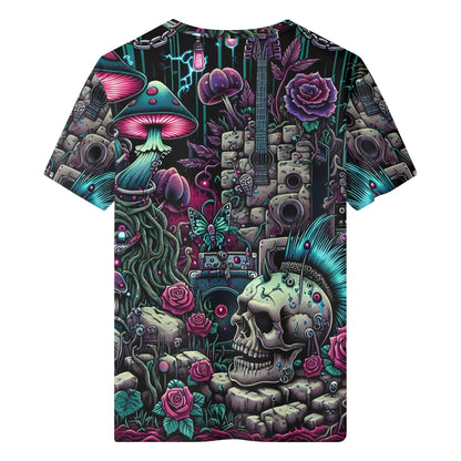 Psychedelic Reverie Organic Cotton Kids T-Shirt with colorful skull, mushrooms, roses, and guitar design