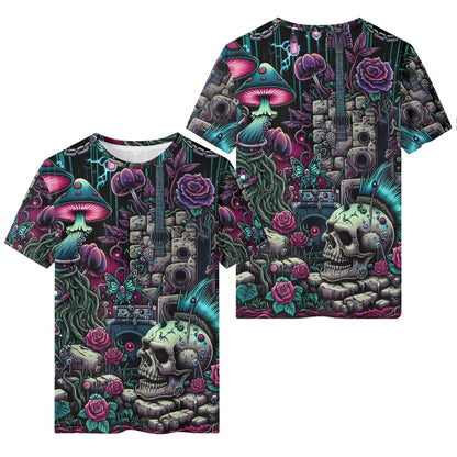 Psychedelic Reverie Organic Cotton Kids T-Shirt by Loud and Lethal with colorful skull and mushroom graphic
