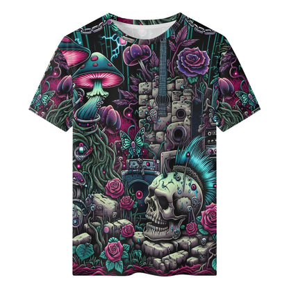Psychedelic Reverie Organic Cotton Kids T-Shirt by Loud and Lethal with colorful fantasy mushrooms and skull design