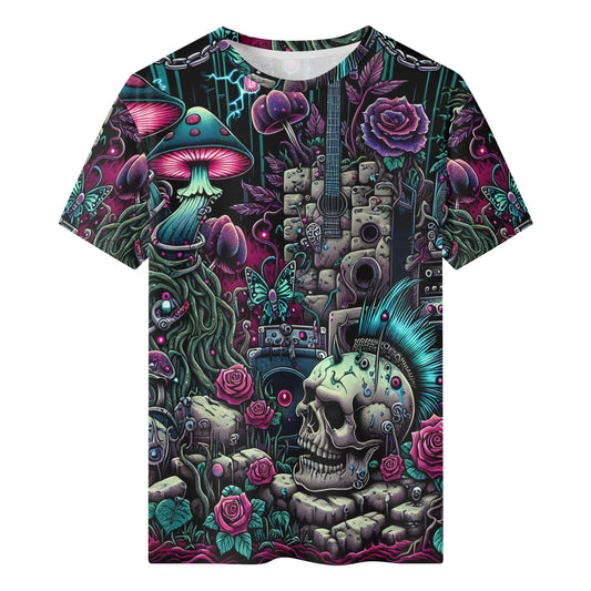 Psychedelic Reverie Organic Cotton Kids T-Shirt by Loud and Lethal with colorful fantasy mushrooms and skull design