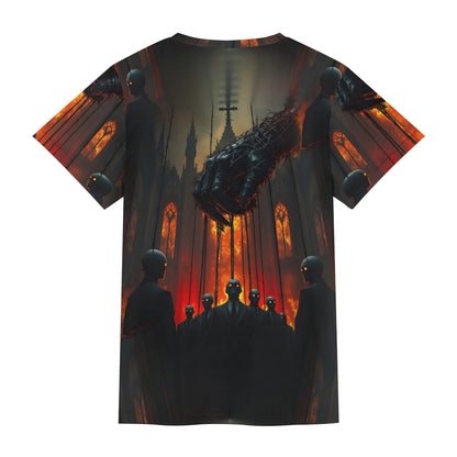 Loud and Lethal Puppetmasters Reign Lycra T-Shirt with dark surreal puppet design on unisex shirt