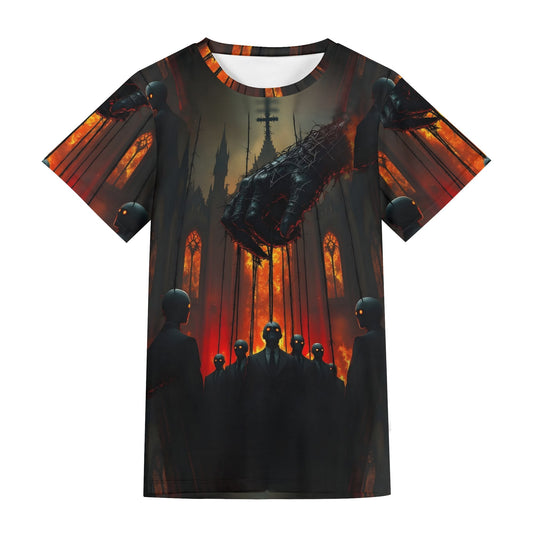 Loud and Lethal Puppetmasters Reign Lycra T-Shirt with dark puppet and fiery church design