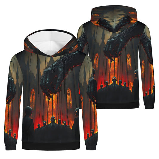 Puppetmasters Reign Poly French Terry hoodie by Loud and Lethal with dark puppet and fiery background design