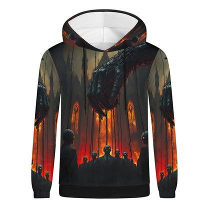 Loud and Lethal Puppetmasters Reign Poly French Terry hoodie with dark puppetmaster design and fiery background