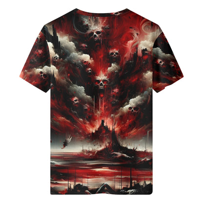 Loud and Lethal Raining Blood 100 Cotton T-Shirt featuring dark fantasy skulls and red storm design