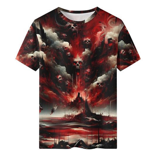 Loud and Lethal Raining Blood 100 Cotton T-Shirt with dark horror skull and castle graphic design
