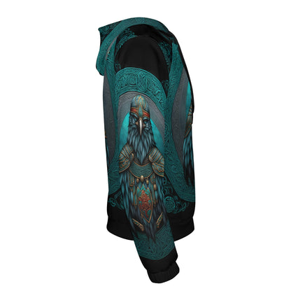 Side view of Raven of the North Poly French Terry hoodie by Loud and Lethal with detailed raven and Celtic design