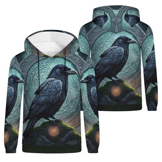 Raven of the Runestones Poly French Terry hoodie with detailed raven and mystical runestone design for unisex wear