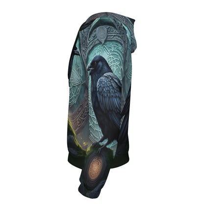 Side view of Loud and Lethal Raven of the Runestones Poly French Terry hoodie with detailed raven and runestone design