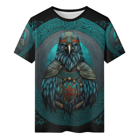 Loud and Lethal unisex tee featuring Raven of the North 100 Cotton T-Shirt design with armored teal raven and Celtic knotwork