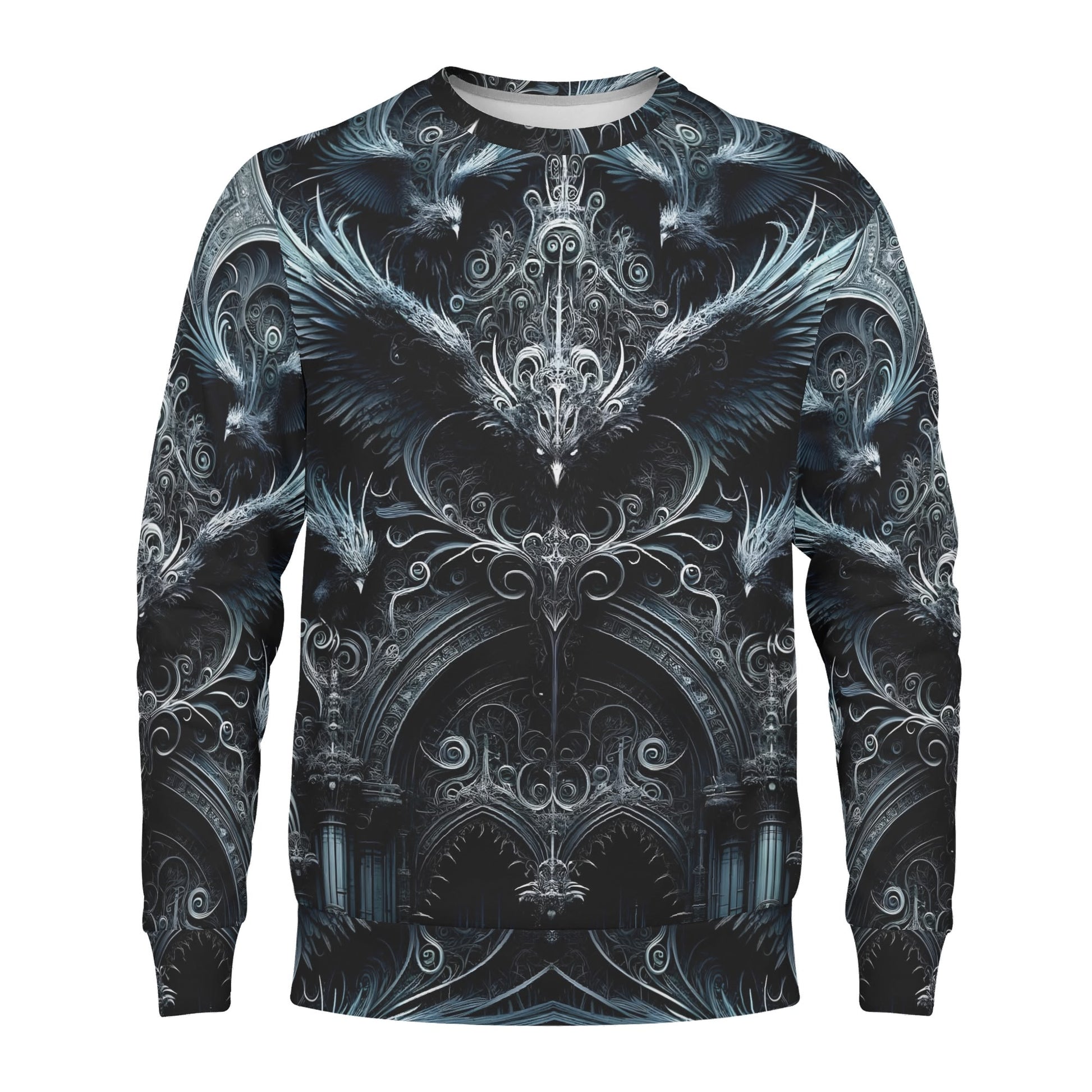 Loud and Lethal Gothic Flight Poly French Terry Sweatshirt unisex sweater with dark ornate raven and gothic arch design
