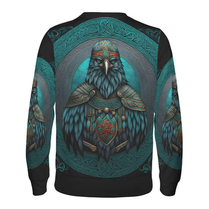 Loud and Lethal unisex Raven of the North Poly French Terry Sweatshirt featuring teal Viking raven warrior back print