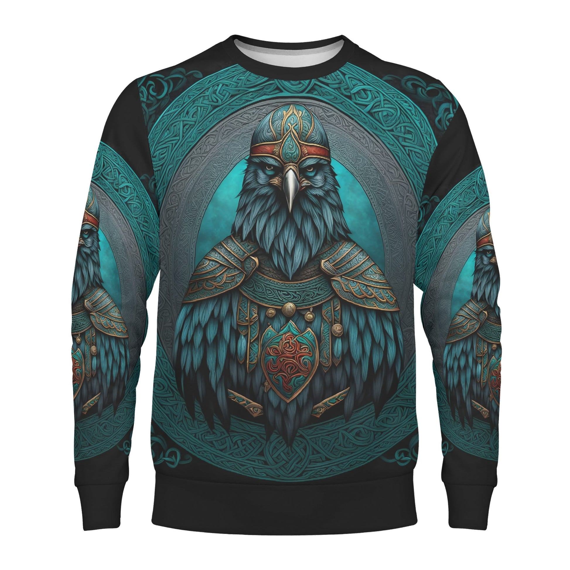 Raven of the North Poly French Terry Sweatshirt unisex teal warrior raven design with ornate Norse shield and armor