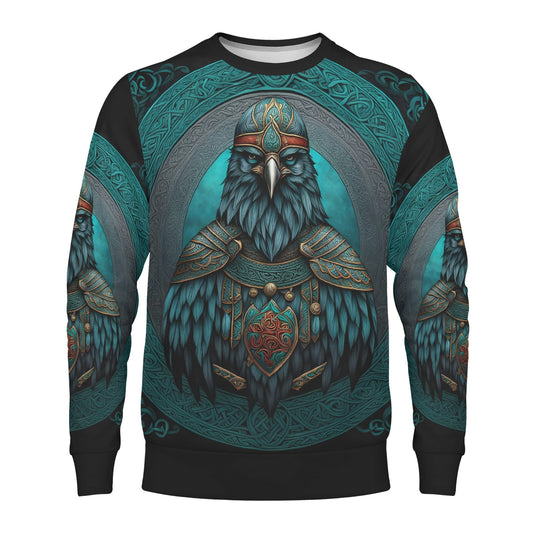 Raven of the North Poly French Terry Sweatshirt unisex teal warrior raven design with ornate Norse shield and armor
