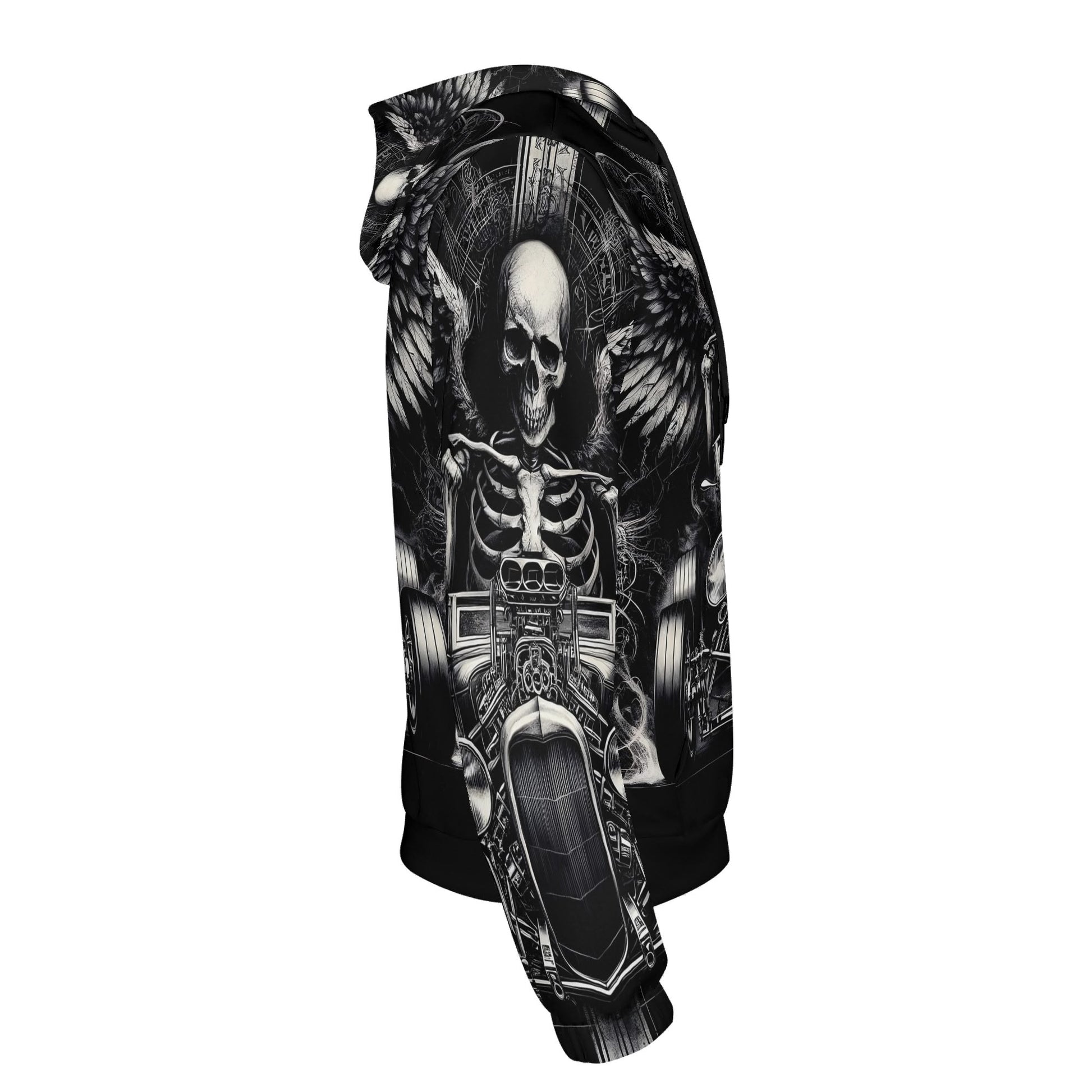 Side view of Loud and Lethal Reapers Hot Rod Cotton Terry hoodie with skeleton and motorcycle design