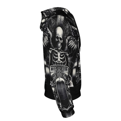 Side view of Loud and Lethal Reapers Hot Rod Cotton Terry hoodie with skeleton and motorcycle design