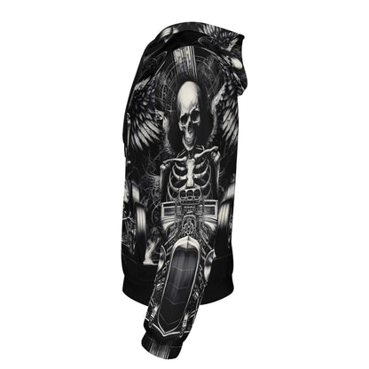 Side view of Reapers Hot Rod Cotton Terry hoodie with black and white skeleton motorcycle design
