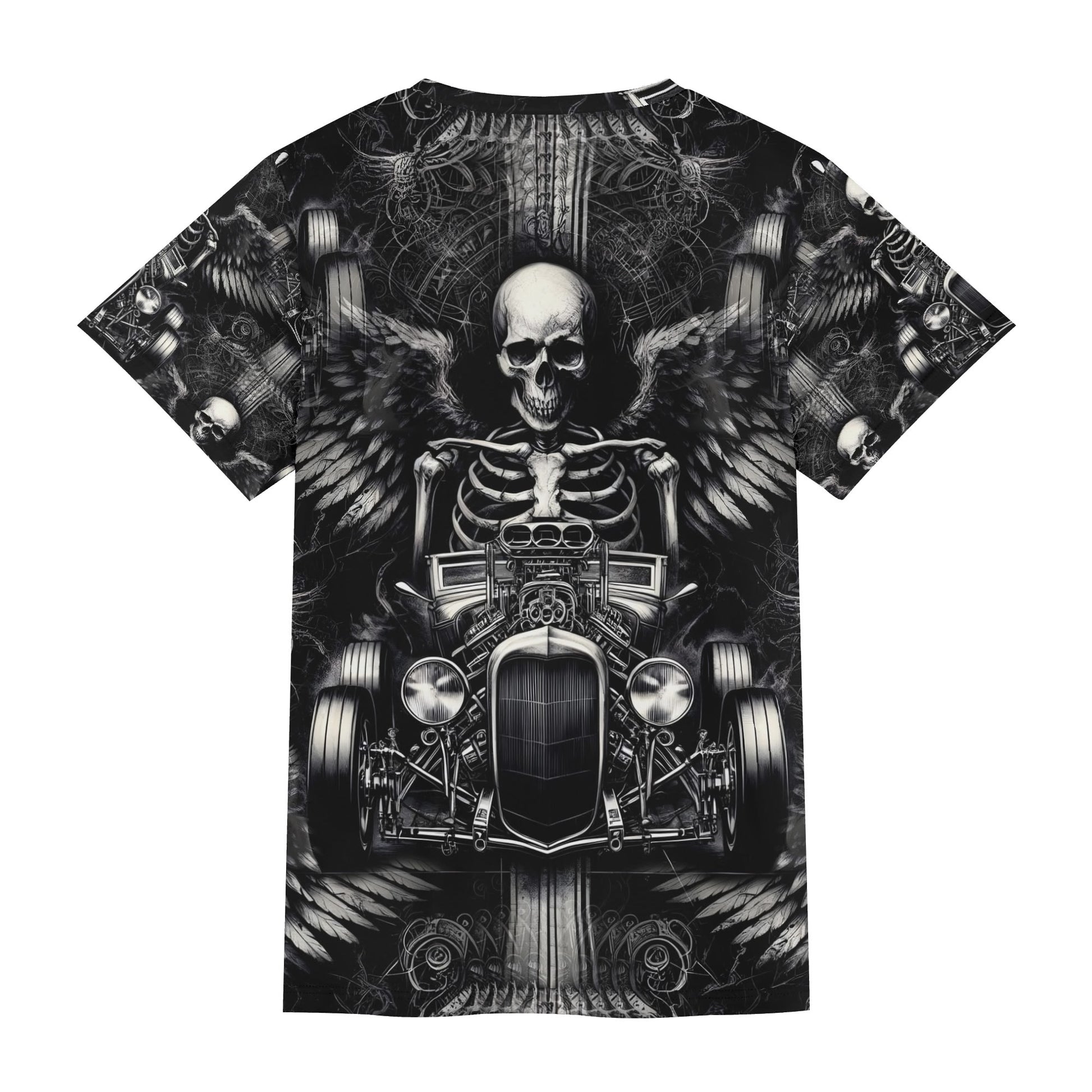 Reapers Hot Rod Lycra T-Shirt featuring a skeleton and hot rod design on a black unisex tee