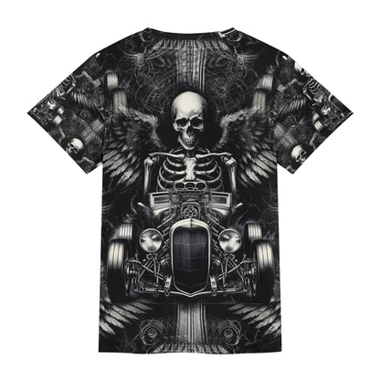 Reapers Hot Rod Lycra T-Shirt featuring a skeleton and hot rod design on a black unisex tee