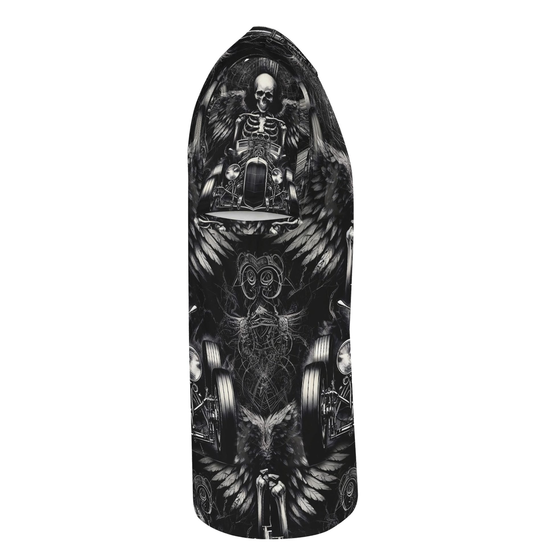 Side view of Loud and Lethal Reapers Hot Rod Lycra T-Shirt featuring skeletal hot rod design in black and white