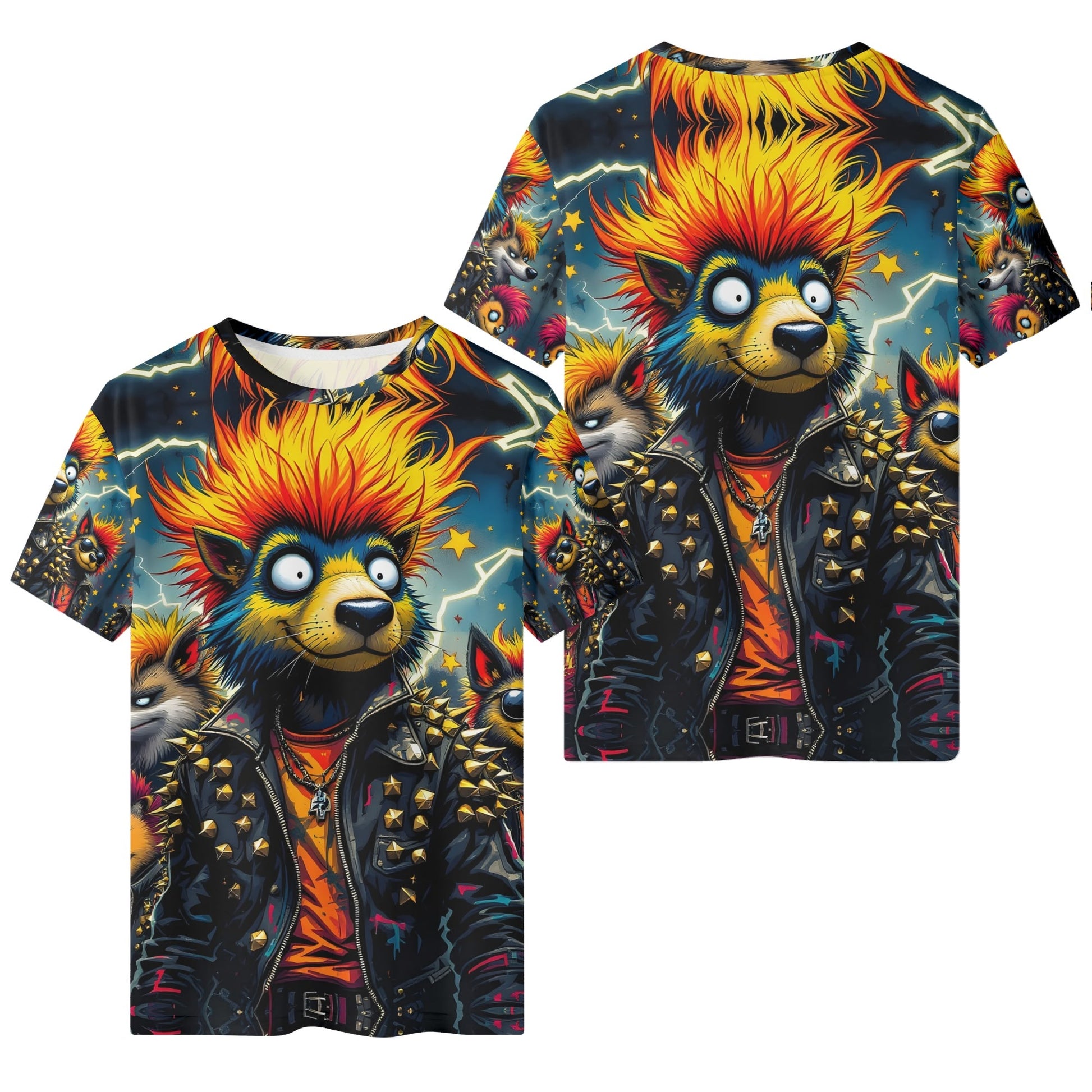 Rebel Pack Organic Cotton Kids T-Shirt by Loud and Lethal featuring vibrant punk lion graphic with fiery hair and spiked leather jacket