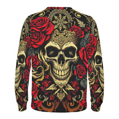 Crimson Path Poly French Terry Sweatshirt unisex black sweatshirt back view ornate gold skulls red roses