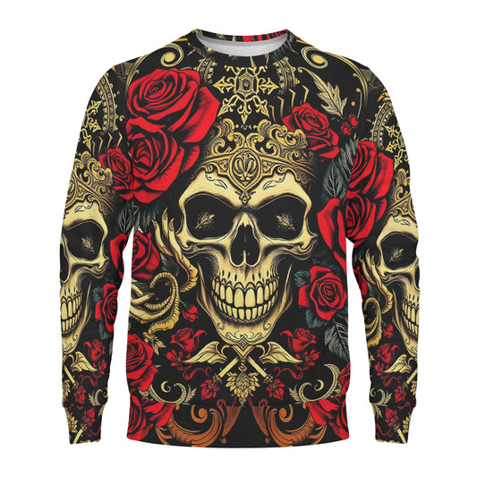 Crimson Path Poly French Terry Sweatshirt unisex sweater by Loud and Lethal ornate gold skull and red rose all over print