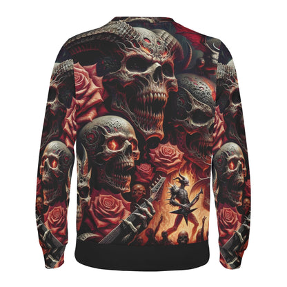 Loud and Lethal Unleashed Rebellion Cotton Terry Sweatshirt unisex sweater with horned skulls red roses flames and guitar artwork