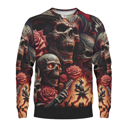 Loud and Lethal Unleashed Rebellion Cotton Terry Sweatshirt unisex sweater with skulls roses guitars and flames allover print