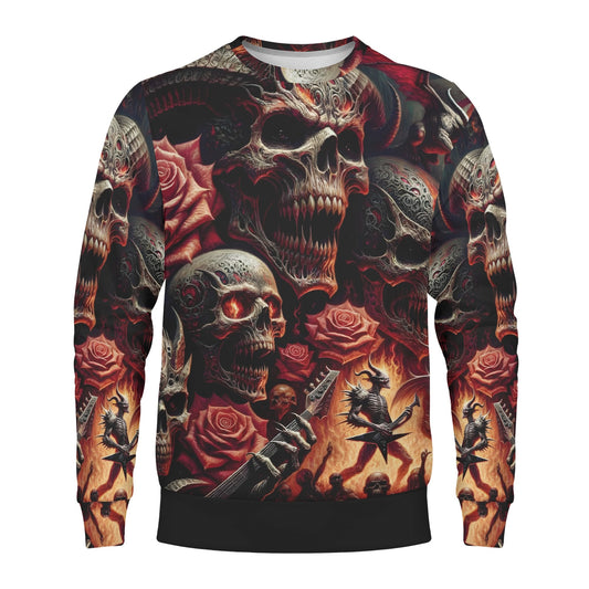 Loud and Lethal Unleashed Rebellion Cotton Terry Sweatshirt unisex sweater with skulls roses guitars and flames allover print