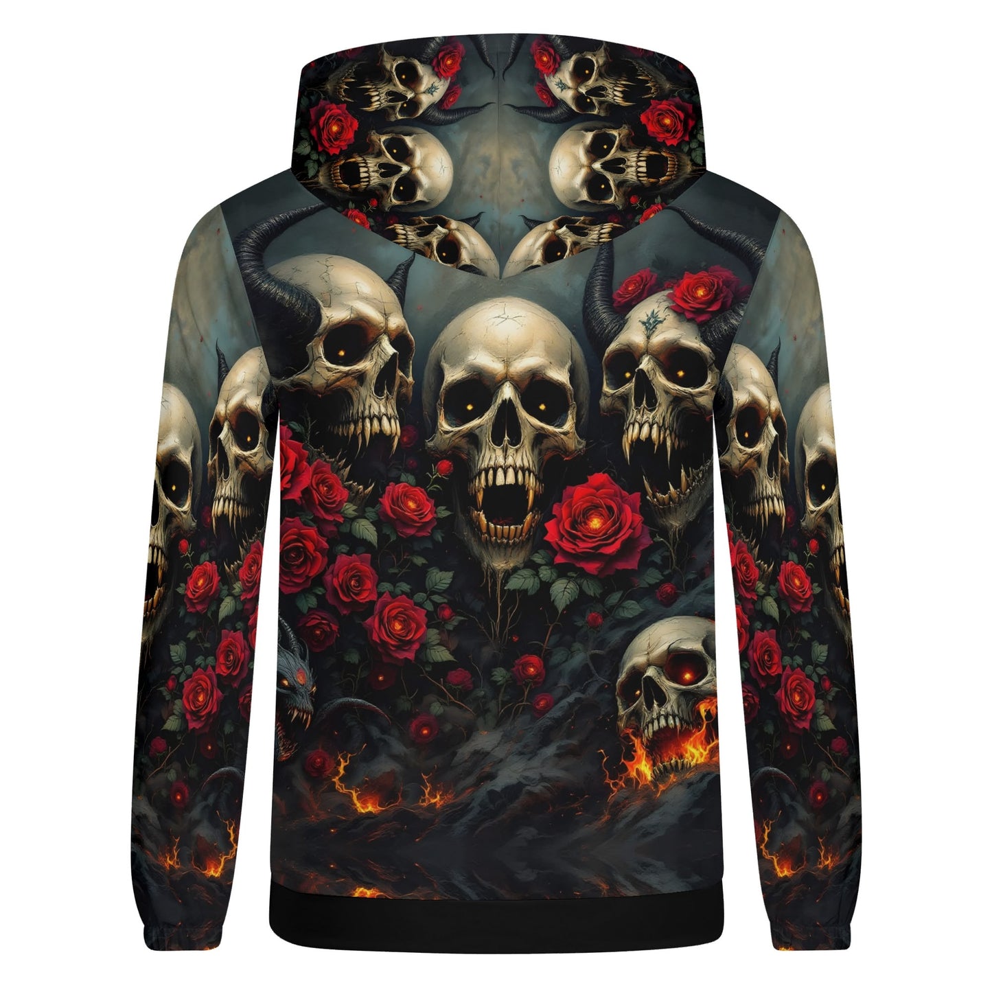 Rebellious Symphony Cotton Terry Hoodie with dark skull and red rose graphic design by Loud and Lethal