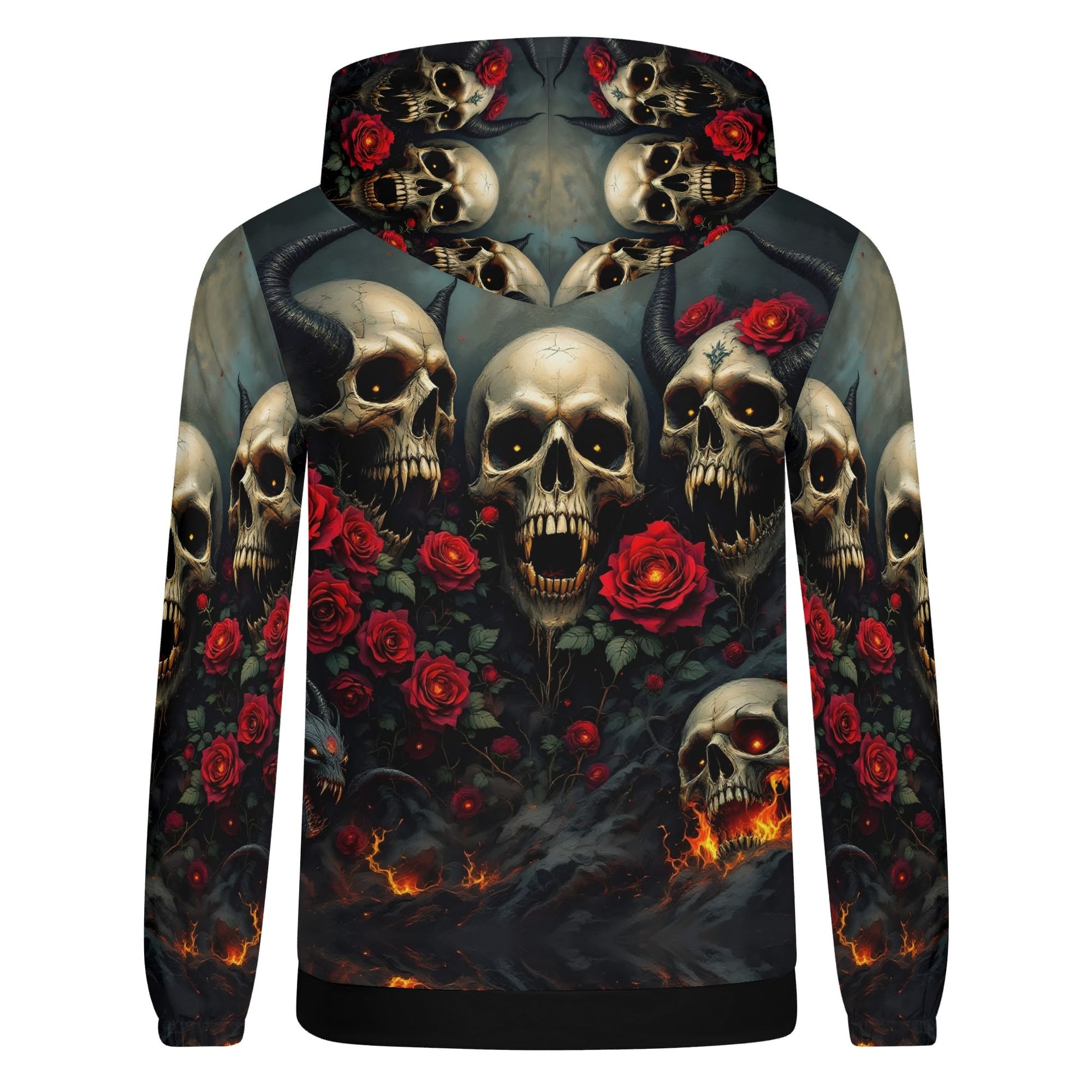 Rebellious Symphony Cotton Terry Hoodie with dark skull and red rose graphic design by Loud and Lethal