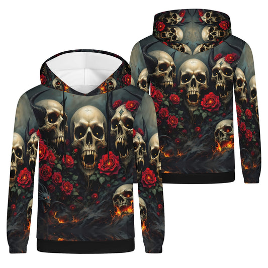Rebellious Symphony Cotton Terry Hoodie by Loud and Lethal with skull and red rose graphic design