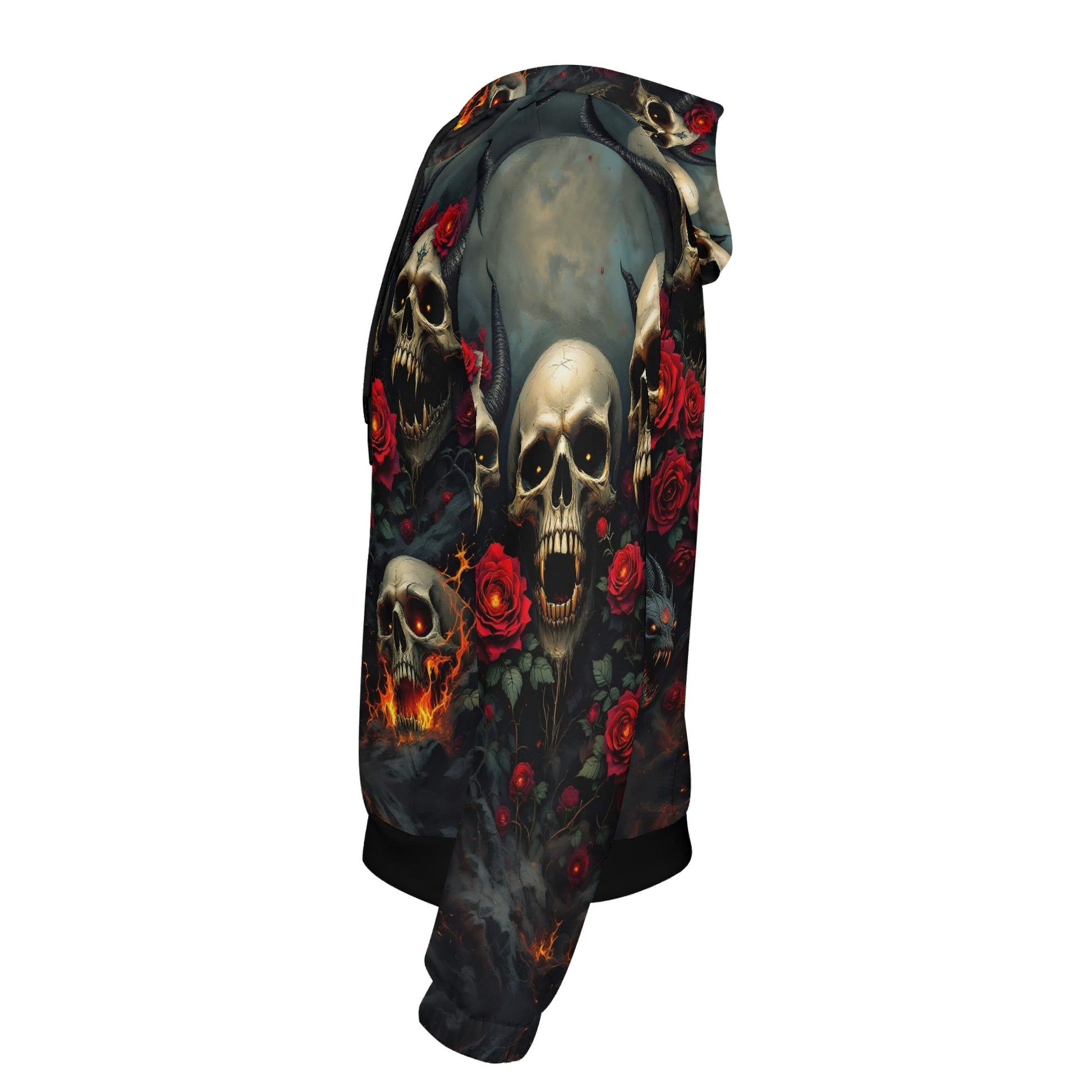 Rebellious Symphony Cotton Terry Hoodie with skulls and red roses graphic design by Loud and Lethal