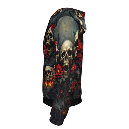 Rebellious Symphony Cotton Terry Hoodie with skulls and red roses graphic design by Loud and Lethal