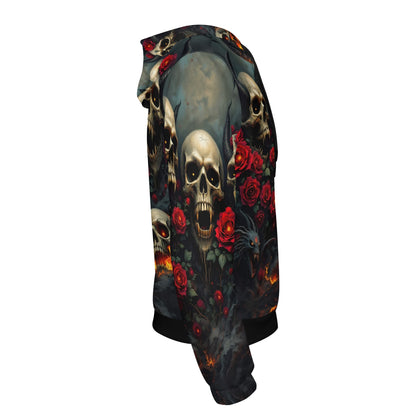 Loud and Lethal Rebellious Symphony Cotton Terry Hoodie with skull and red rose graphic design