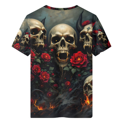 Rebellious Symphony Lycra T-Shirt by Loud and Lethal with skulls and red roses graphic design
