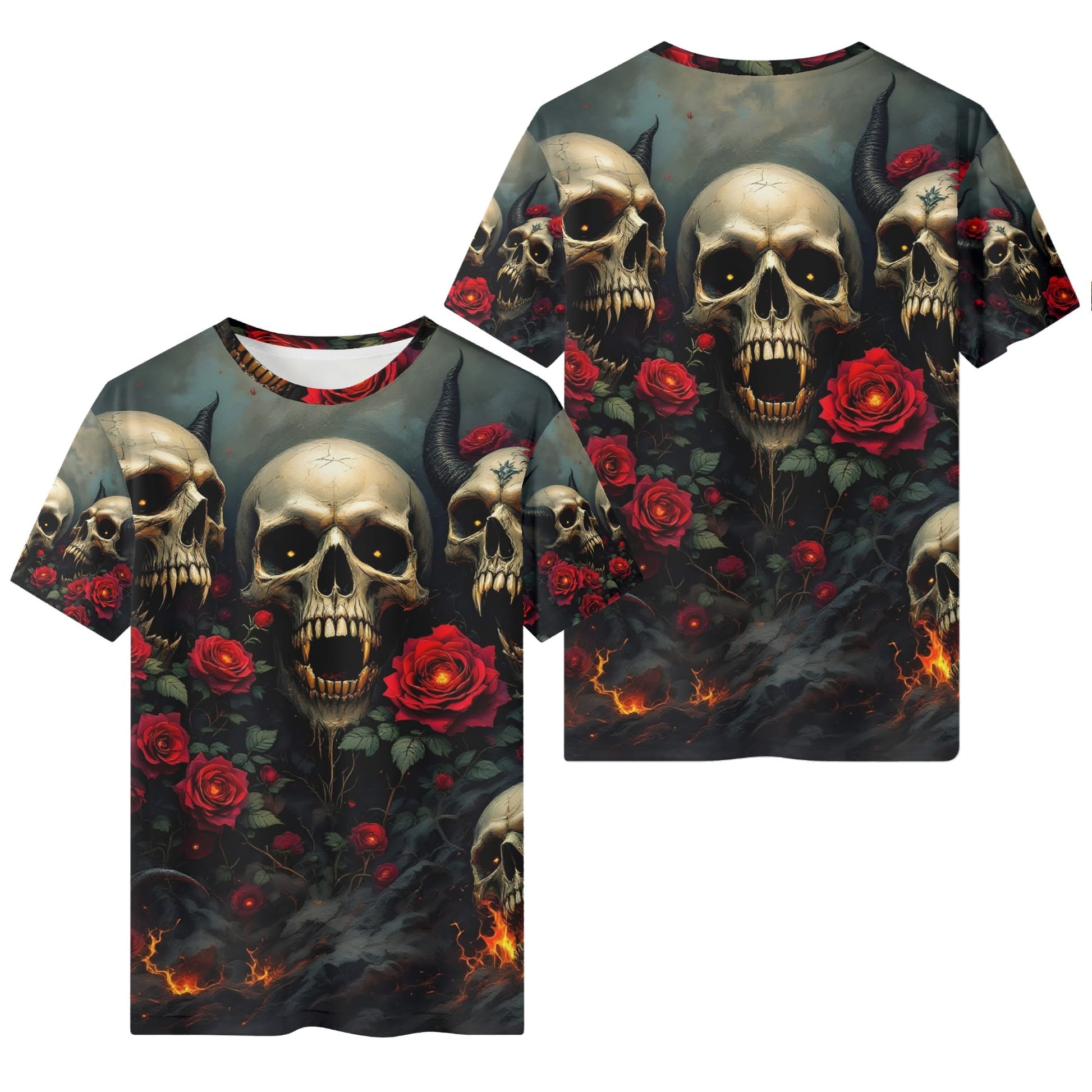 Rebellious Symphony Lycra T-Shirt by Loud and Lethal with skulls, red roses, and dark fiery design