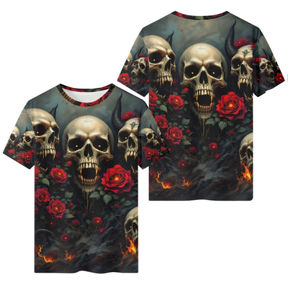 Rebellious Symphony Lycra T-Shirt by Loud and Lethal with skulls, red roses, and dark fiery design