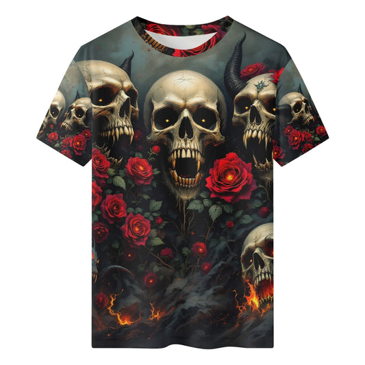 Rebellious Symphony Lycra T-Shirt by Loud and Lethal featuring skulls and red roses on a dark background