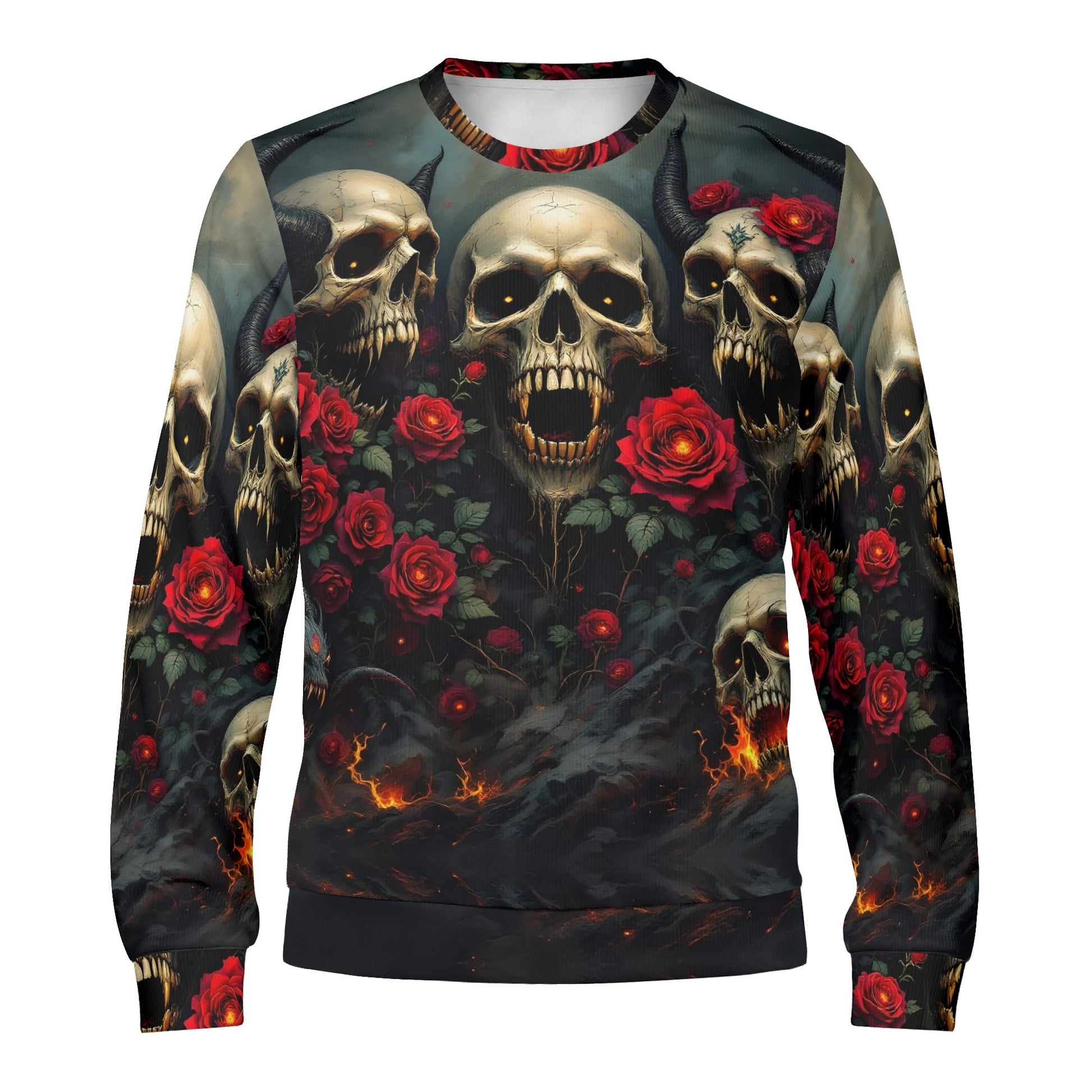 Loud and Lethal Rebellious Symphony Poly French Terry Sweatshirt unisex crewneck with skulls red roses and flames