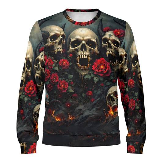 Loud and Lethal Rebellious Symphony Poly French Terry Sweatshirt unisex crewneck with skulls red roses and flames
