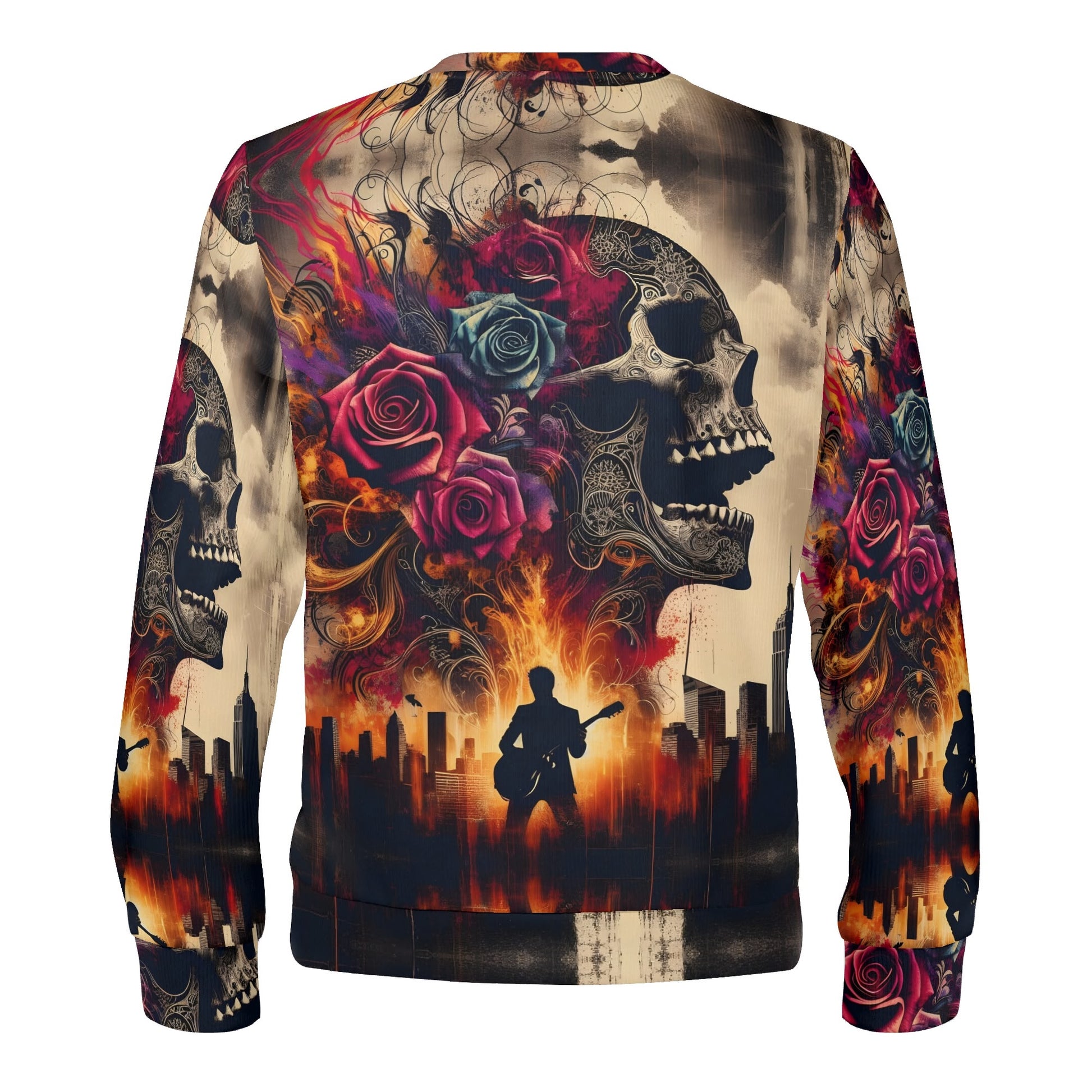 Skull and Roses Rebellion Poly French Terry Sweatshirt back print with skull roses flames city skyline and guitarist